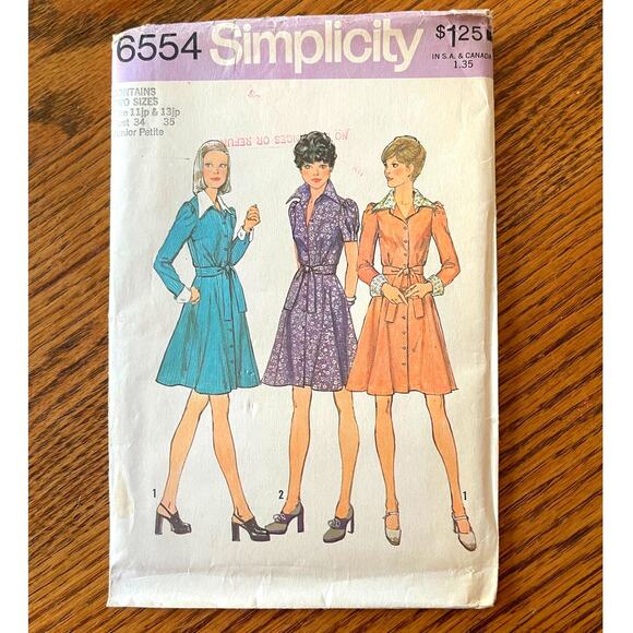 UNCUT Vintage 1970s Simplicity 6554 Sewing Pattern Womens Sz S Petite Mini Dress - Picture 1 of 2